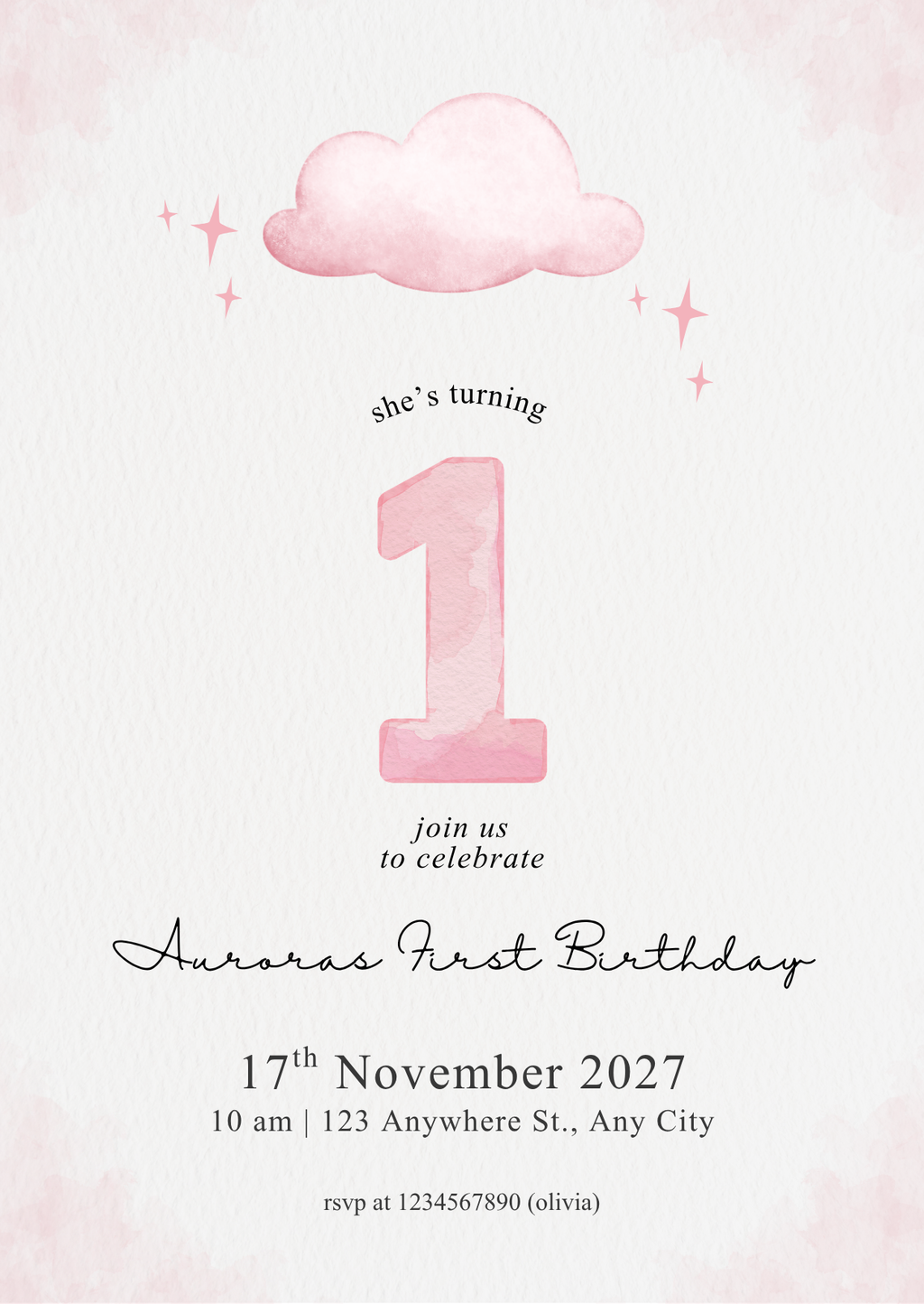 Pink Personalised First Birthday Invitation