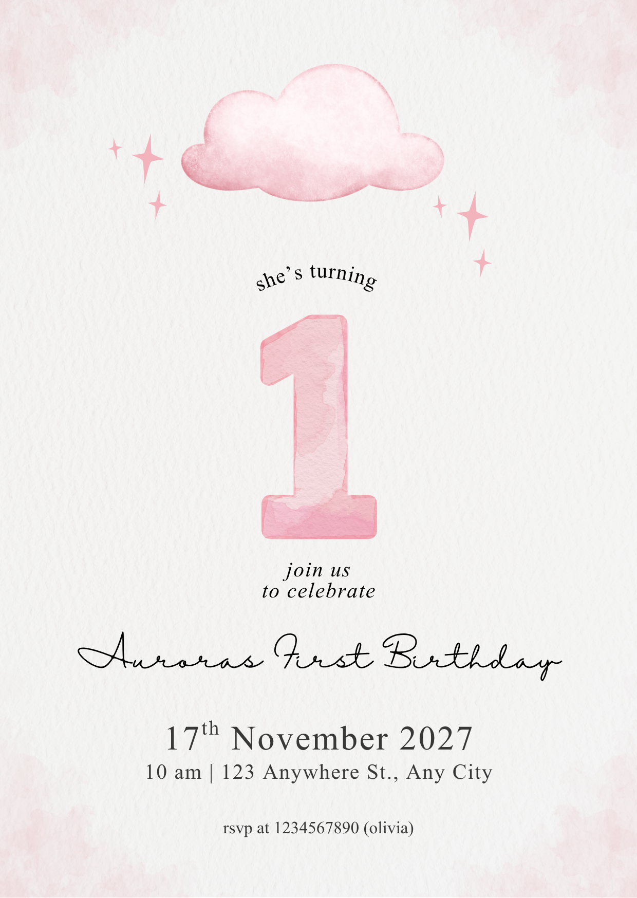 Pink Personalised First Birthday Invitation
