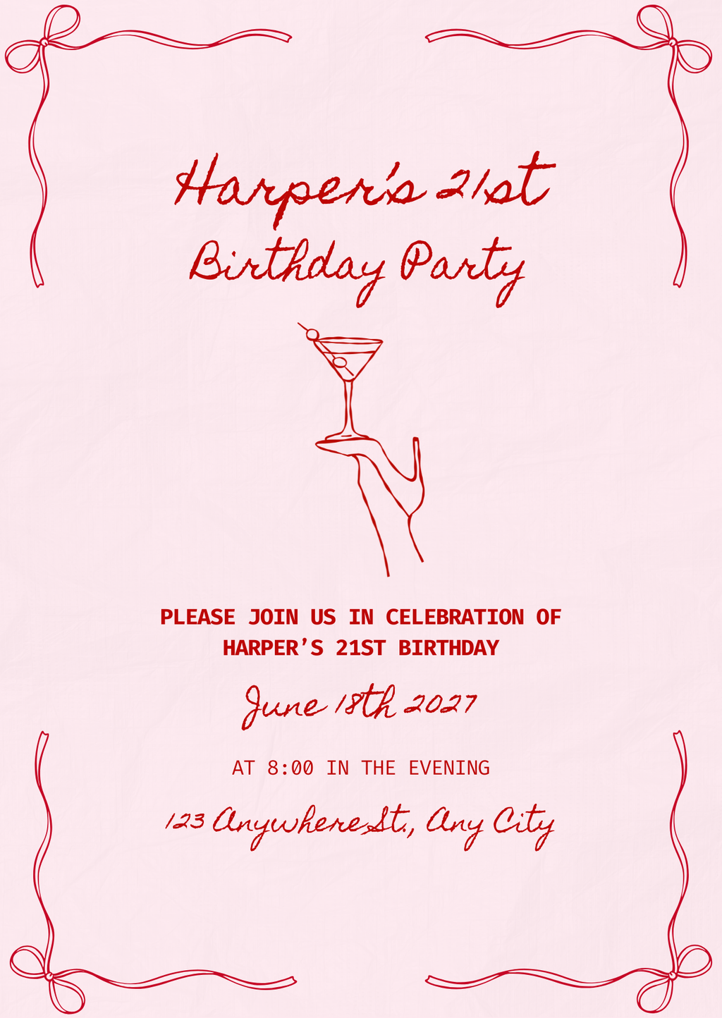 Pink and Red Bow Personalised Birthday Invitation