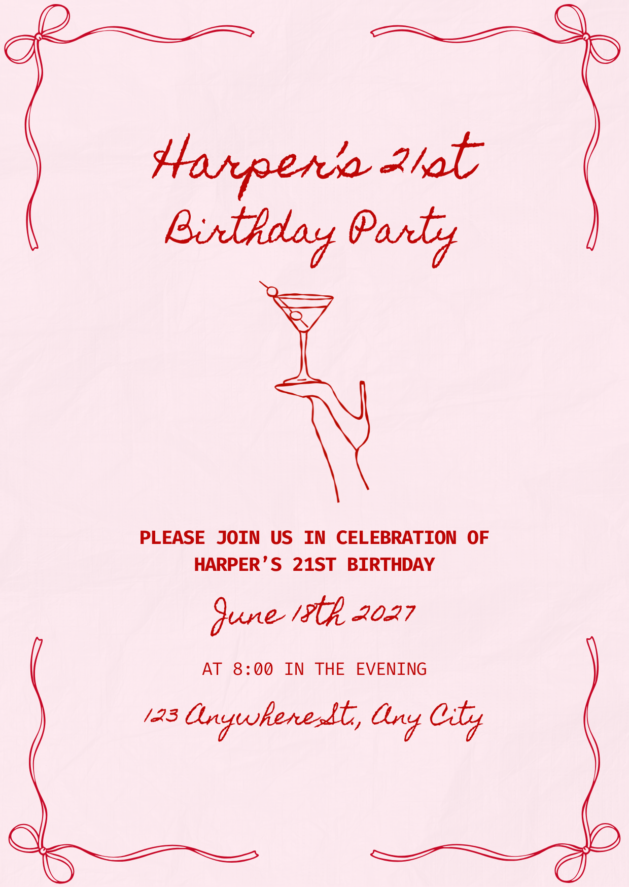 Pink and Red Bow Personalised Birthday Invitation