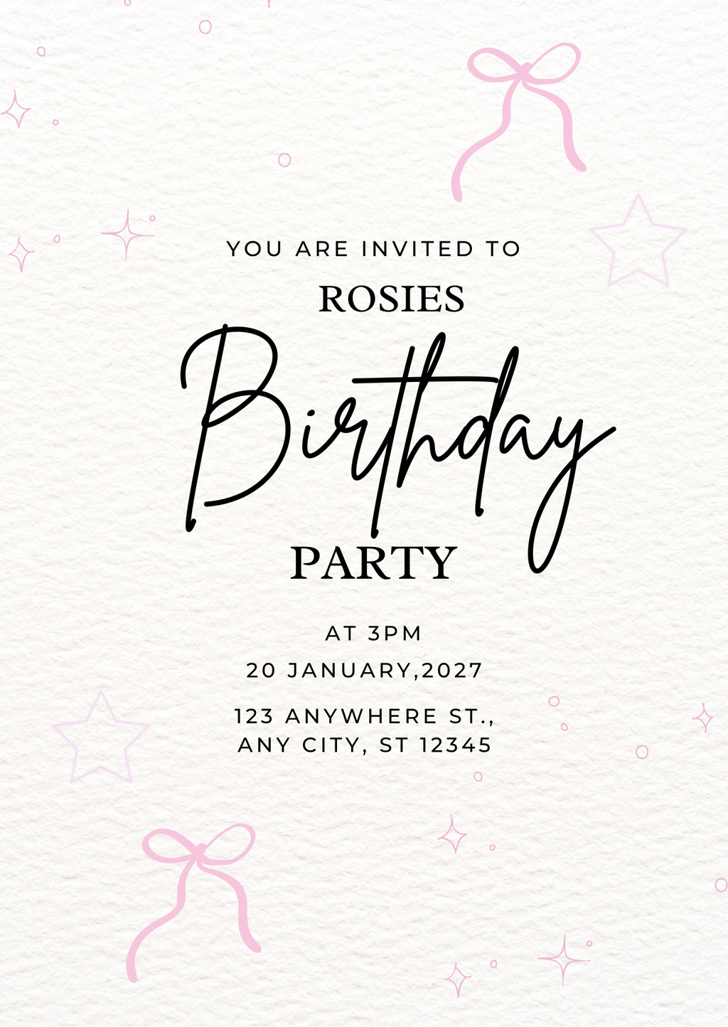 Pink Bow Minimalistic Personalised Birthday Invitation