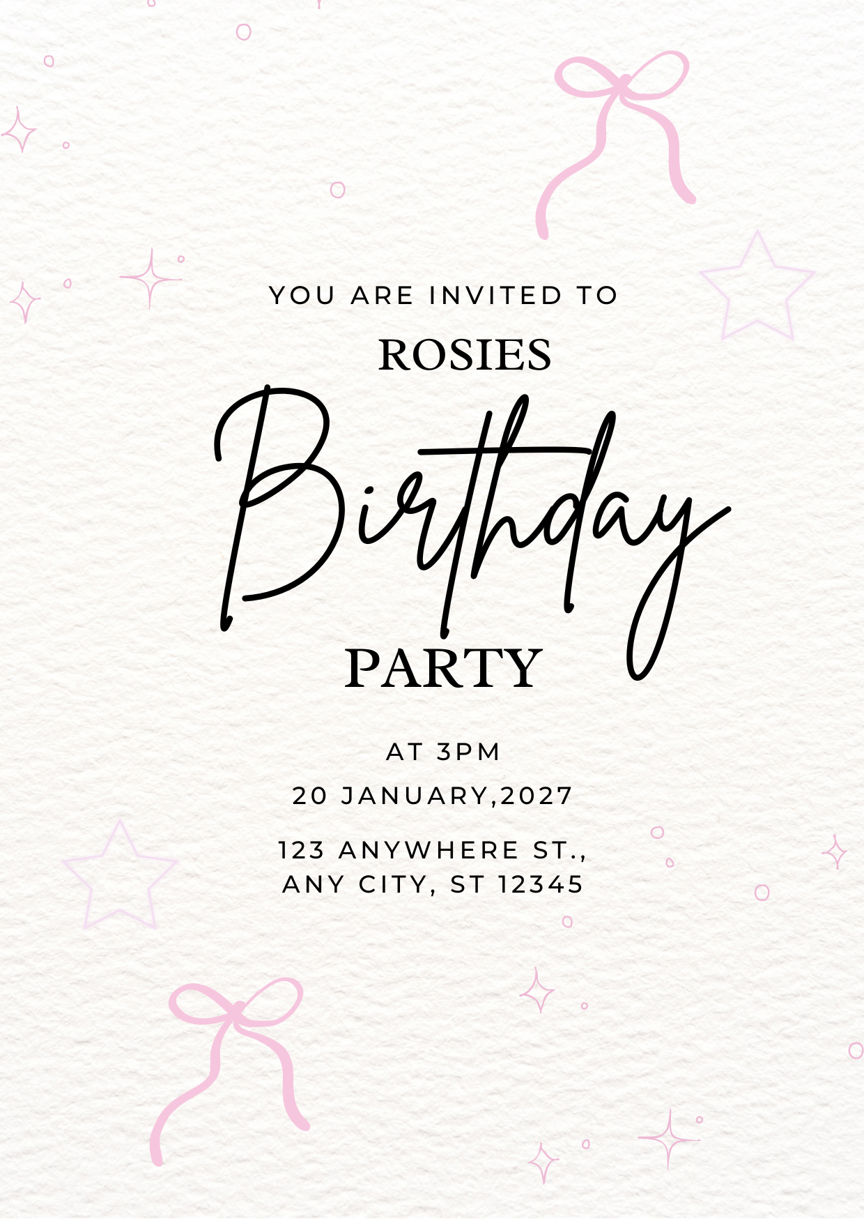 Pink Bow Minimalistic Personalised Birthday Invitation